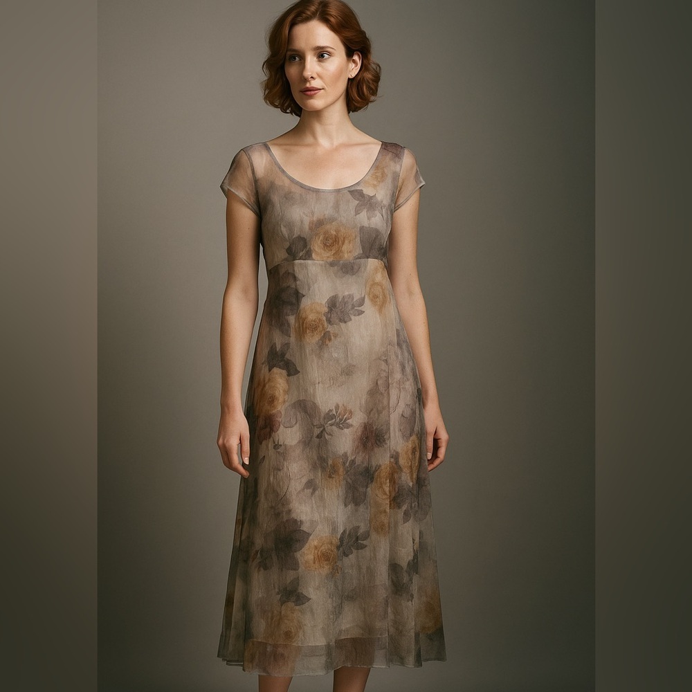 Johnny Was Semi-Sheer Maxi Dress Cap Sleeve Neutral Floral Boho Elegant Style